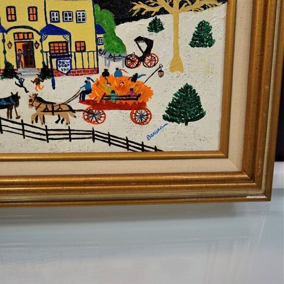 Folk Art Painting Naive Primitive Americana Vintage Art Naif Signed On Canvas - Picture 3 of 11
